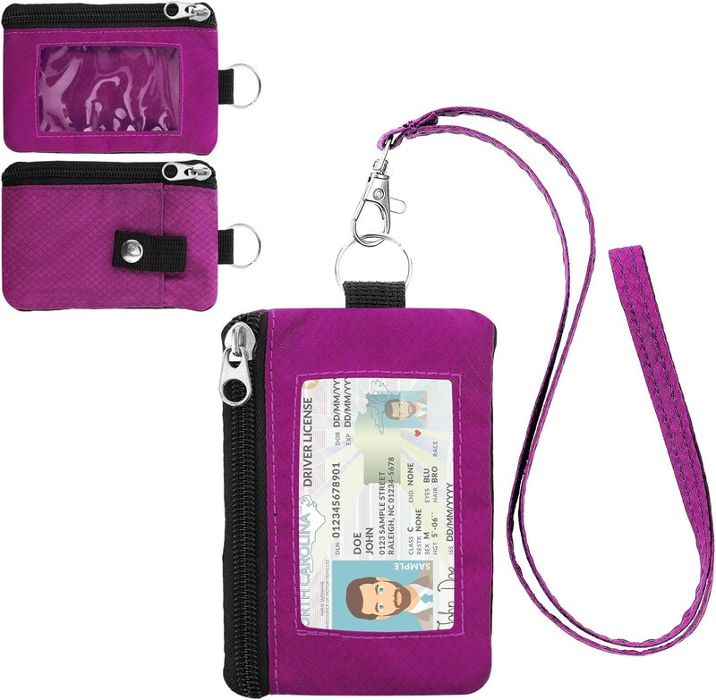 ZHOMA Minimalist RFID Wallet with Lanyard, Multi-Functional ID Case with 2 Zipper Pockets and Key Chain for Men and Women, Tactical Badge Pouch Cards Holder, Coin Purse for Travel Sports - Rose - Image 1